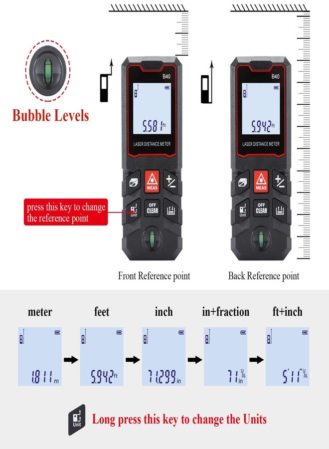 MAKINGTEC B-40 Laser Measure, 131Ft, Waterproof, Digital, LCD Backlit, Laser Distance Measure, Pythagorean Mode, Area and Volume Measuring, Golf Rangefinder - Image 4